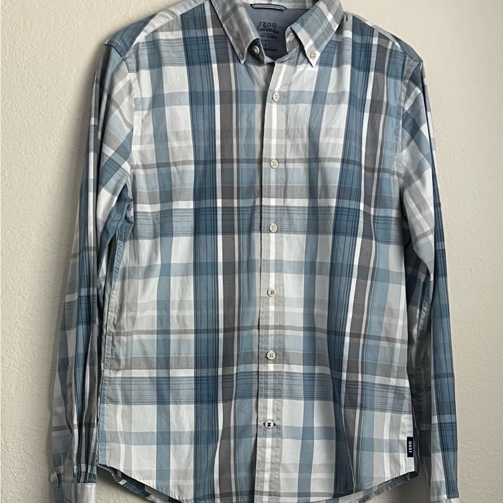 IZOD Salwater Shirt Men’s Blue and White Long Sleeve Button Down